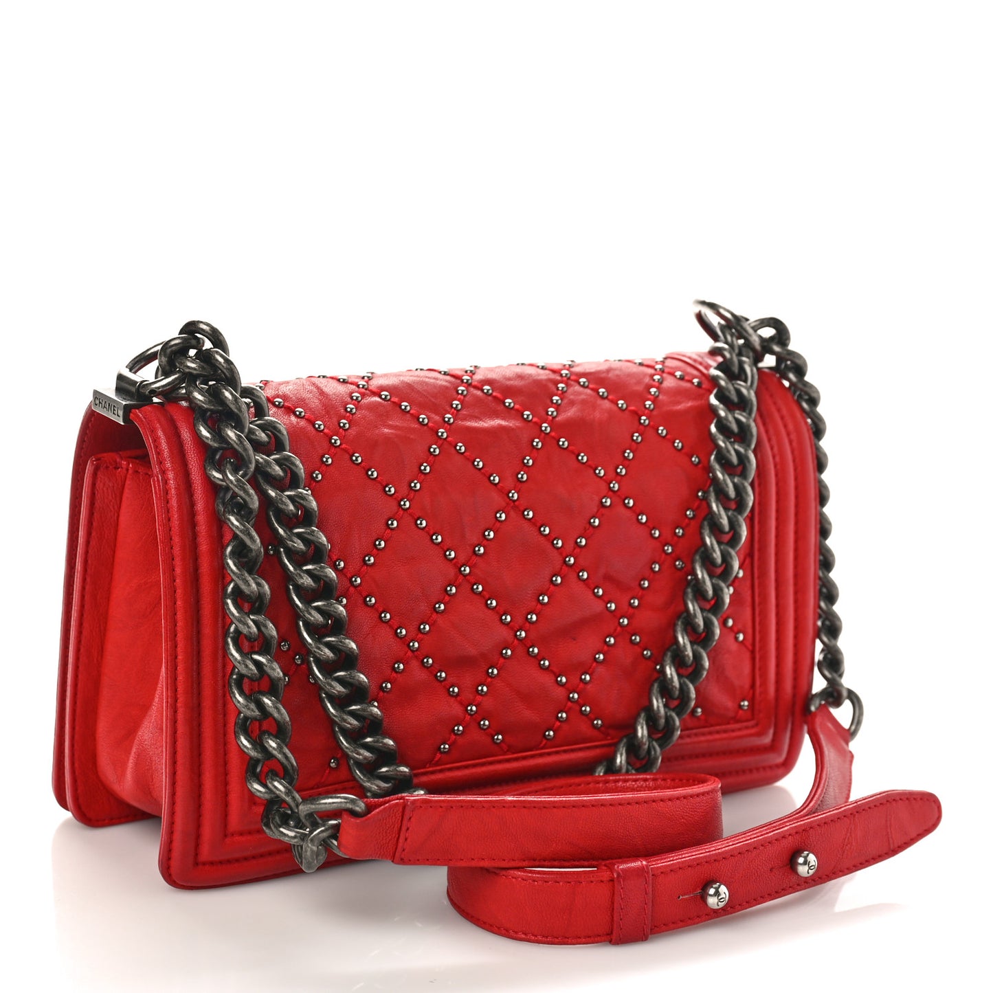Crumpled Lambskin Small Studded Boy Flap Red