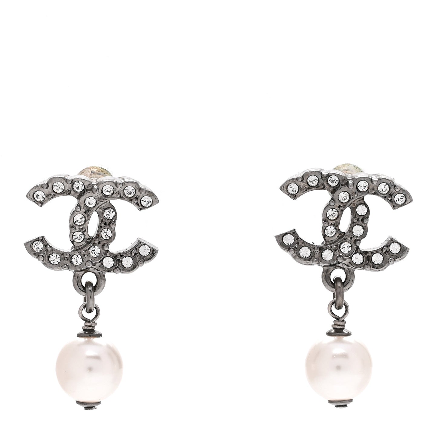 Crystal Pearl CC Drop Earrings Ruthenium