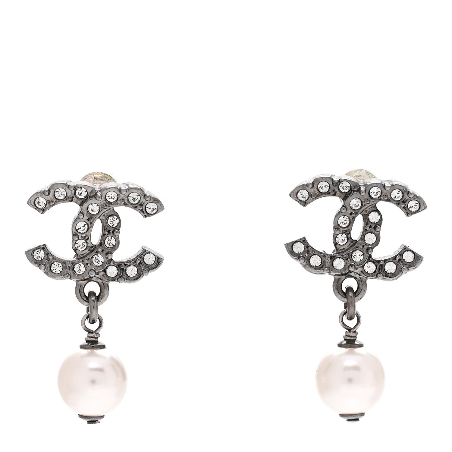 Chanel Crystal Pearl CC Drop Earrings Ruthenium 1 of 4