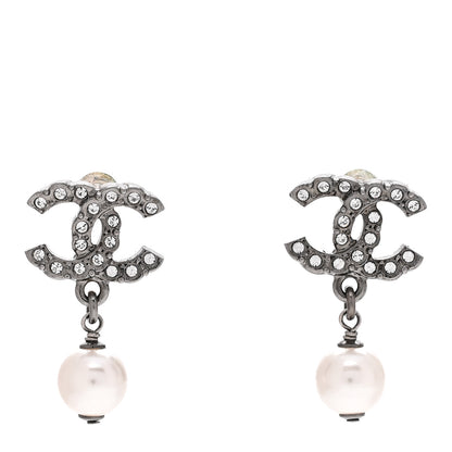 Chanel Crystal Pearl CC Drop Earrings Ruthenium 1 of 4