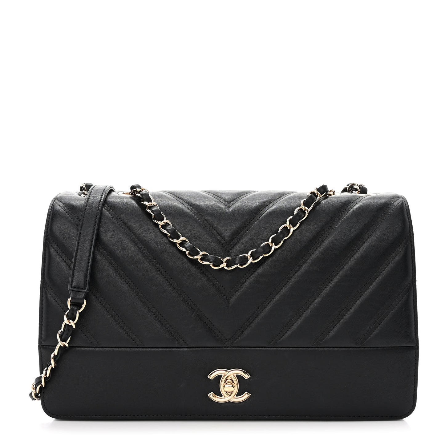 Calfskin Chevron Quilted Large Flap Black
