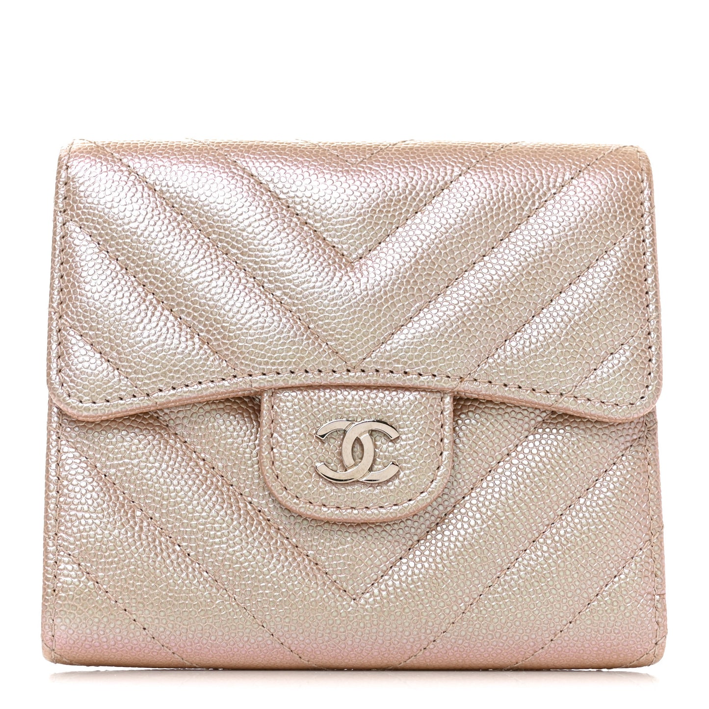 Metallic Caviar Chevron Quilted Compact Flap Wallet Light Gold