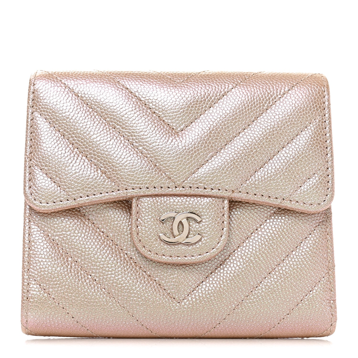 Chanel Metallic Caviar Chevron Quilted Compact Flap Wallet Light Gold 1 of 7