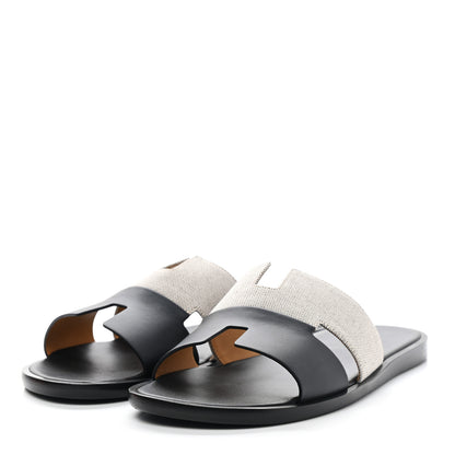 Hermes Canvas Calfskin Mens Izmir Sandals 40 Black Prunoir 3 of 9