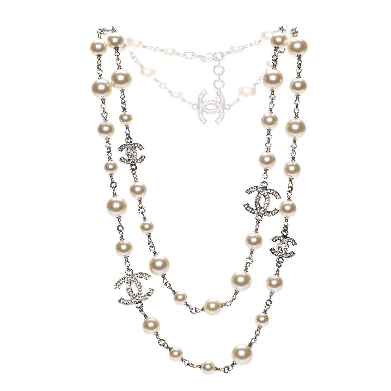 Chanel Crystal Pearl CC Long Necklace Silver 3 of 12