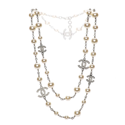 Chanel Crystal Pearl CC Long Necklace Silver 3 of 12