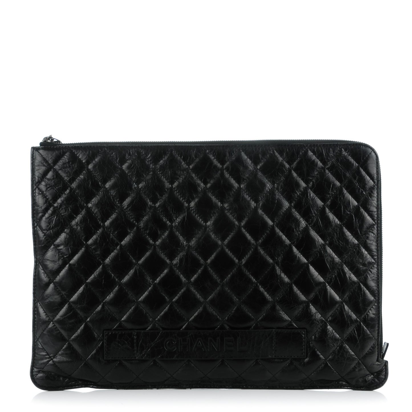 Crumpled Lambskin Quilted Large Slide Pouch Black