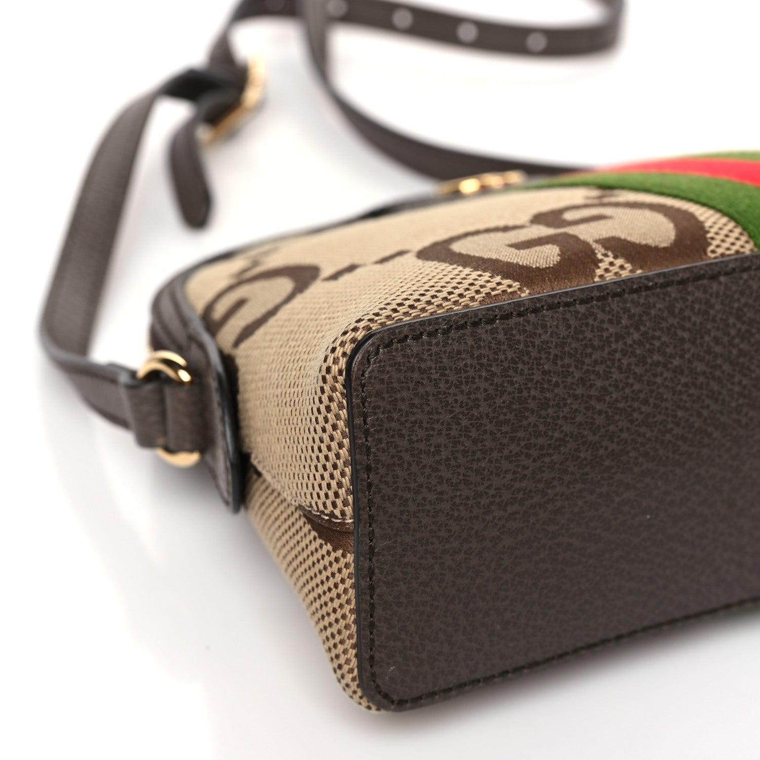 Gucci Monogram Jumbo GG Textured Dollar Calfskin Web Small Ophidia Dome Shoulder Bag Camel Ebony New Acero 8 of 9