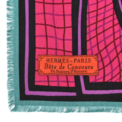 Hermes Cashmere Silk Bete De Concours Scarf 90 Fuchsia Vert Mauve 3 of 4