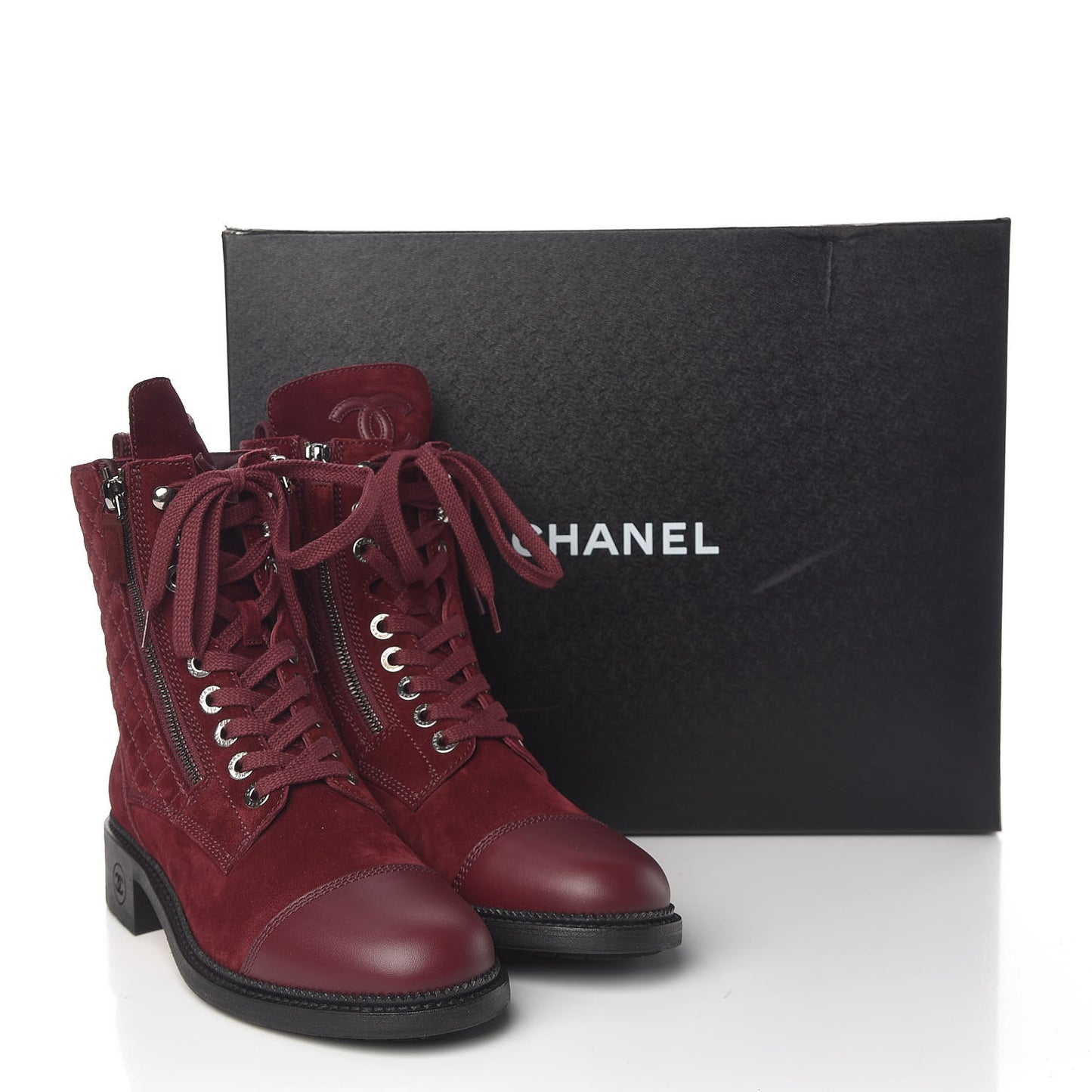 Suede Calfskin Quilted Lace Up Boots 39 Burgundy