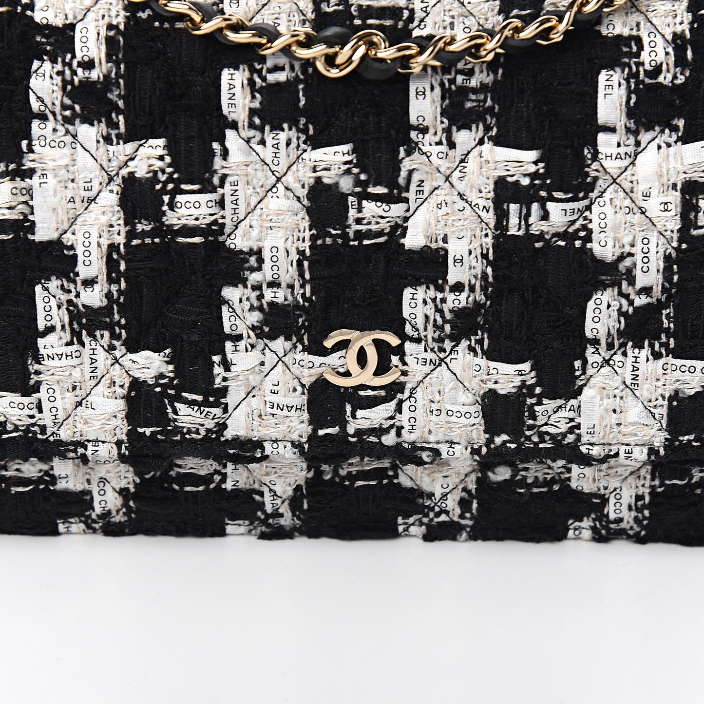 Tweed Quilted Wallet On Chain WOC Black Ecru White