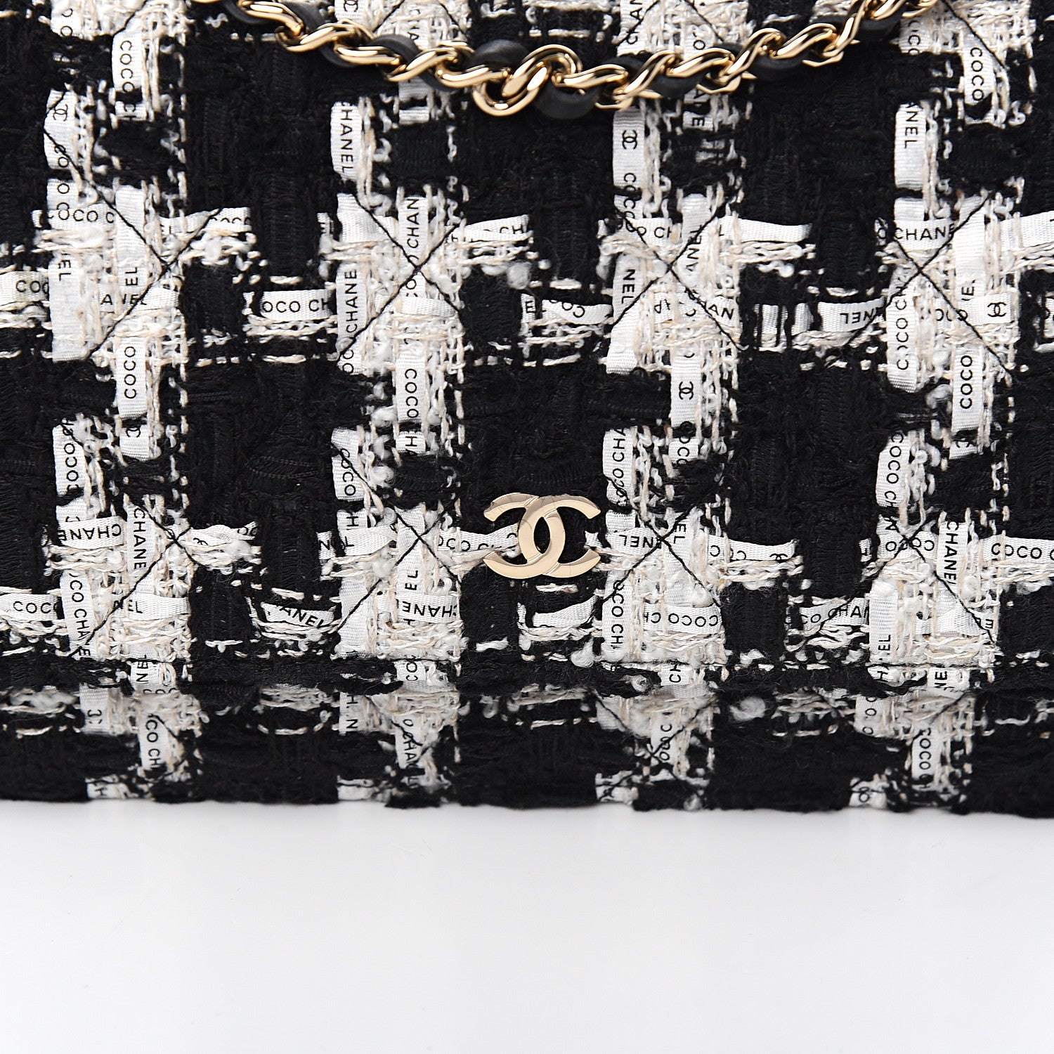 Chanel Tweed Quilted Wallet On Chain WOC Black Ecru White 10 of 11