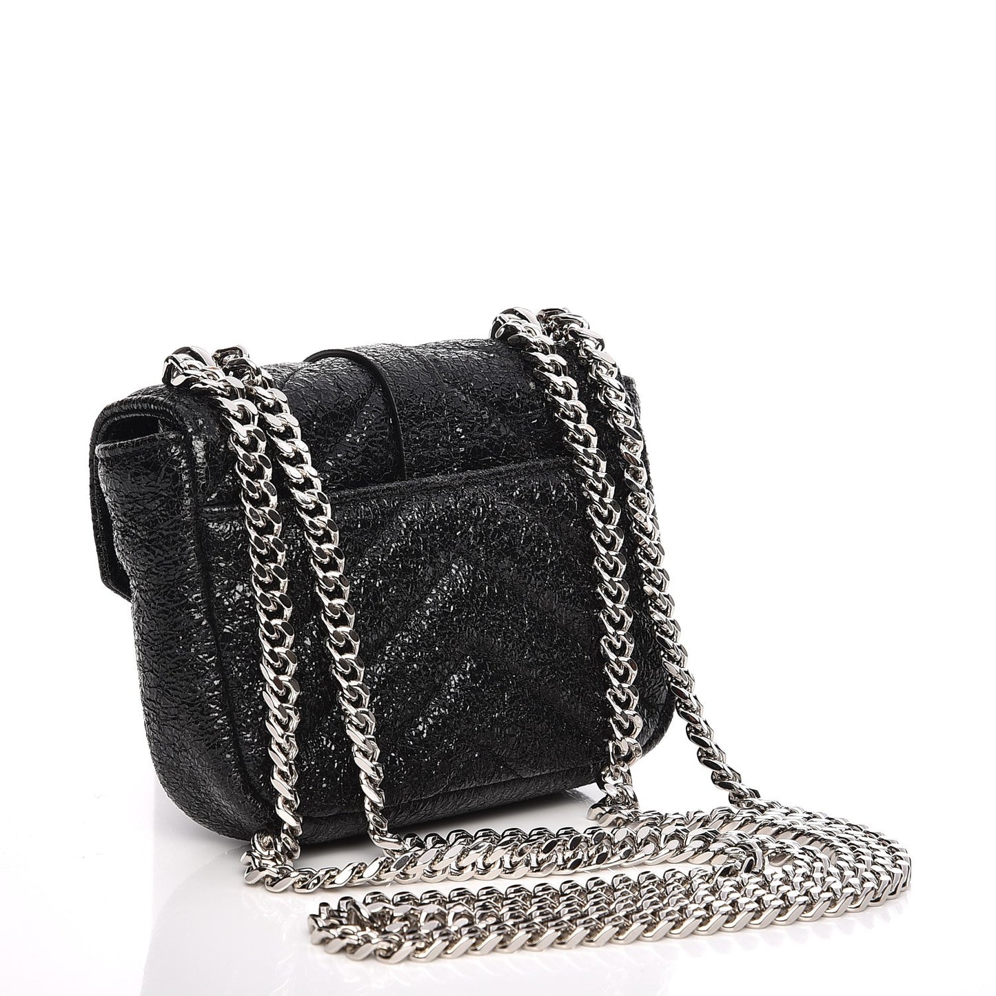 Metallic Crackled Calfskin Chevron Monogram Micro Crossbody Bag Black