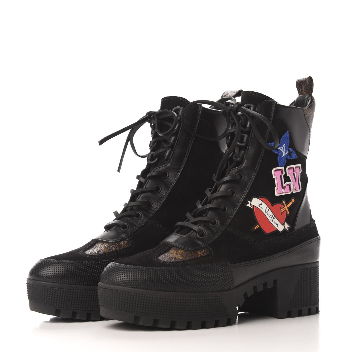 Suede Calfskin Monogram LV Black Heart Laureate Platform Desert Boots 38.5 Black