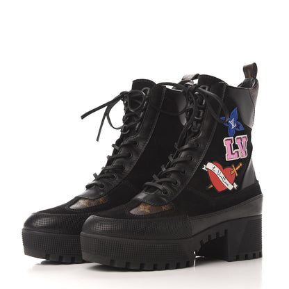 Louis Vuitton Suede Calfskin Monogram LV Black Heart Laureate Platform Desert Boots 38.5 Black 3 of 8