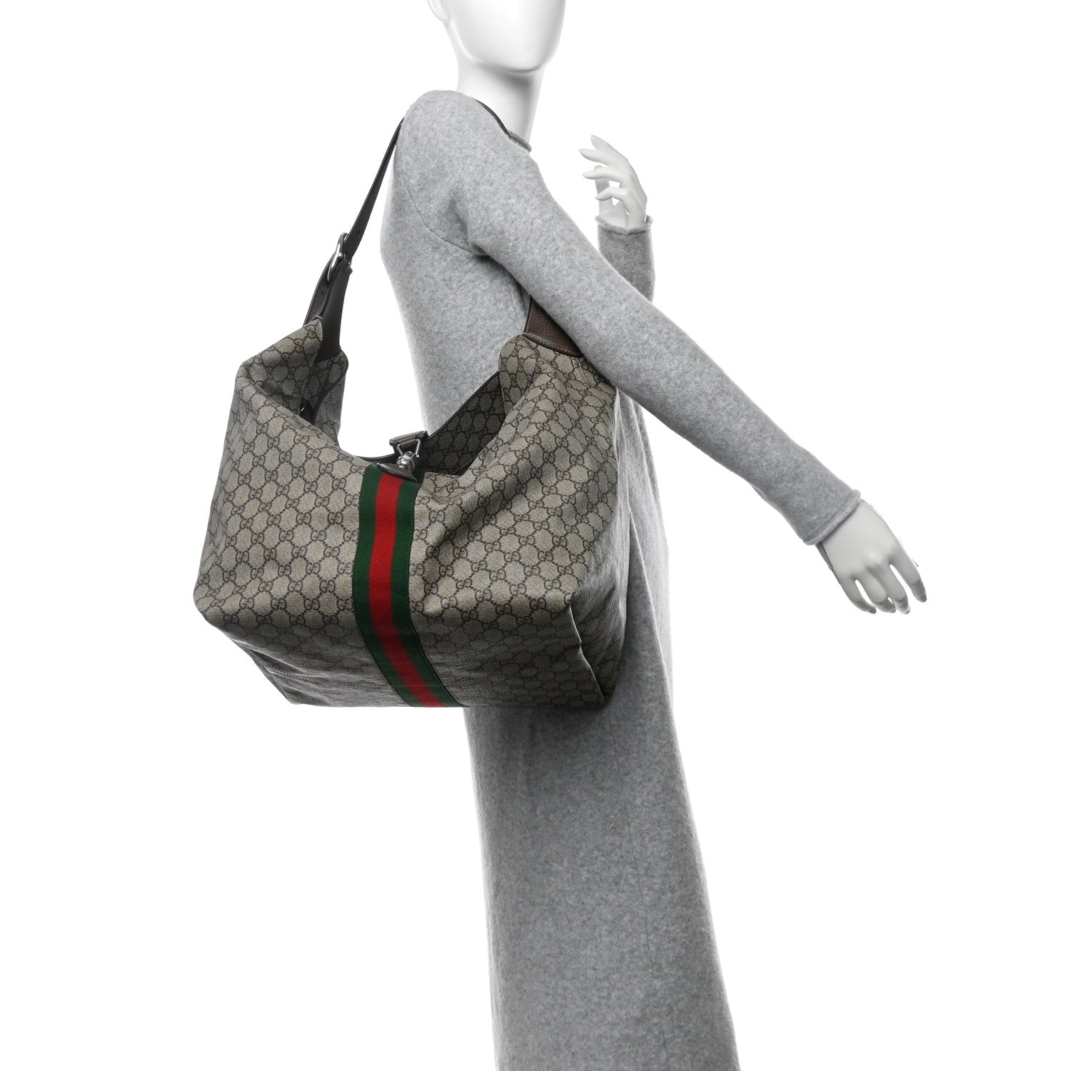 Gucci Tender GG Supreme Monogram Textured Dollar Calfskin Web Medium Jackie 1961 Crossbody Bag Beige Ebony New Acero 2 of 10
