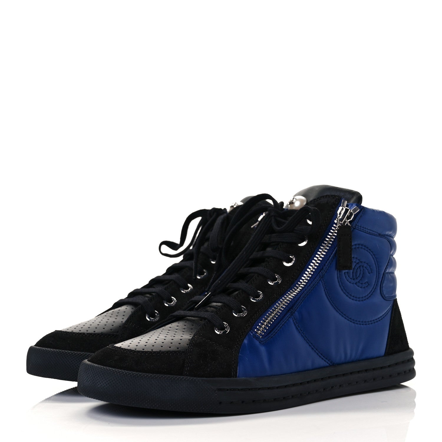 Chanel Calfskin Pearl High Top CC Sneakers 37 Black Blue 3 of 7