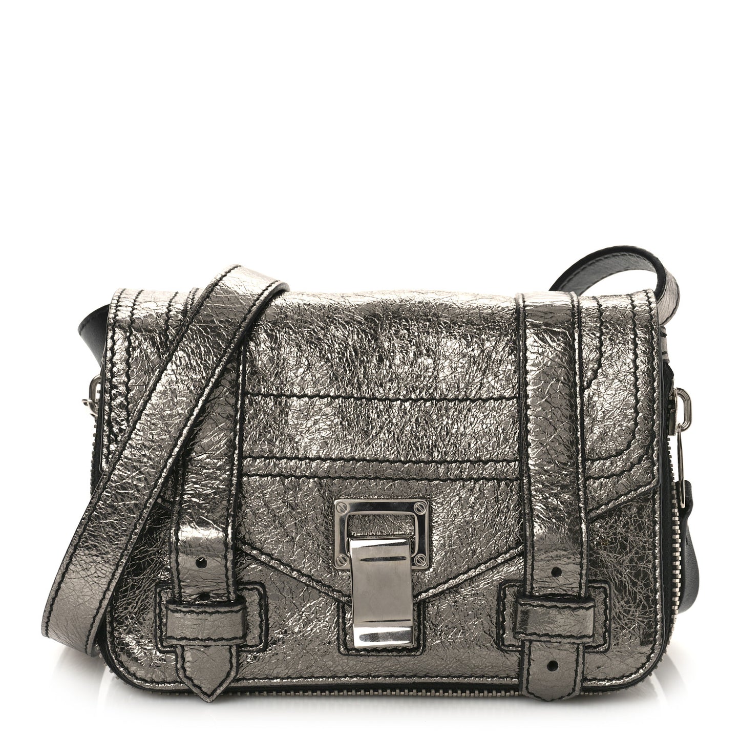 Metallic Paper Lambskin PS1 Mini Pouch Messenger Dark Silver