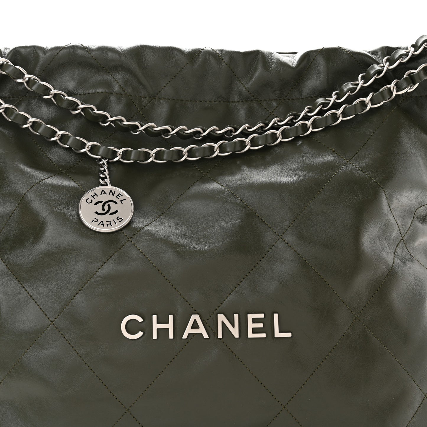 Shiny Calfskin Quilted Chanel 22 Khaki
