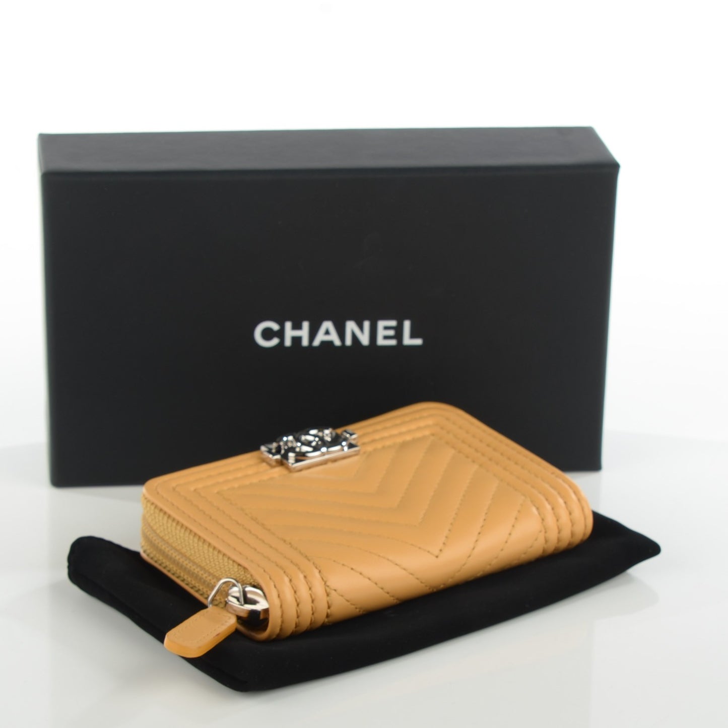 Calfskin Chevron Zip Around Boy Coin Purse Wallet Yellow