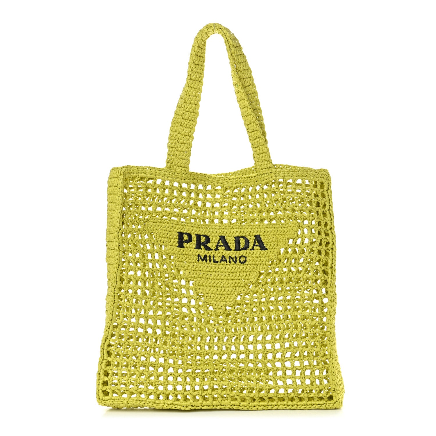 Prada Yarn Raffia Effect Crochet Logo Embroidered Tote Bag Cedro 2 of 9