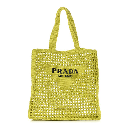 Prada Yarn Raffia Effect Crochet Logo Embroidered Tote Bag Cedro 2 of 9