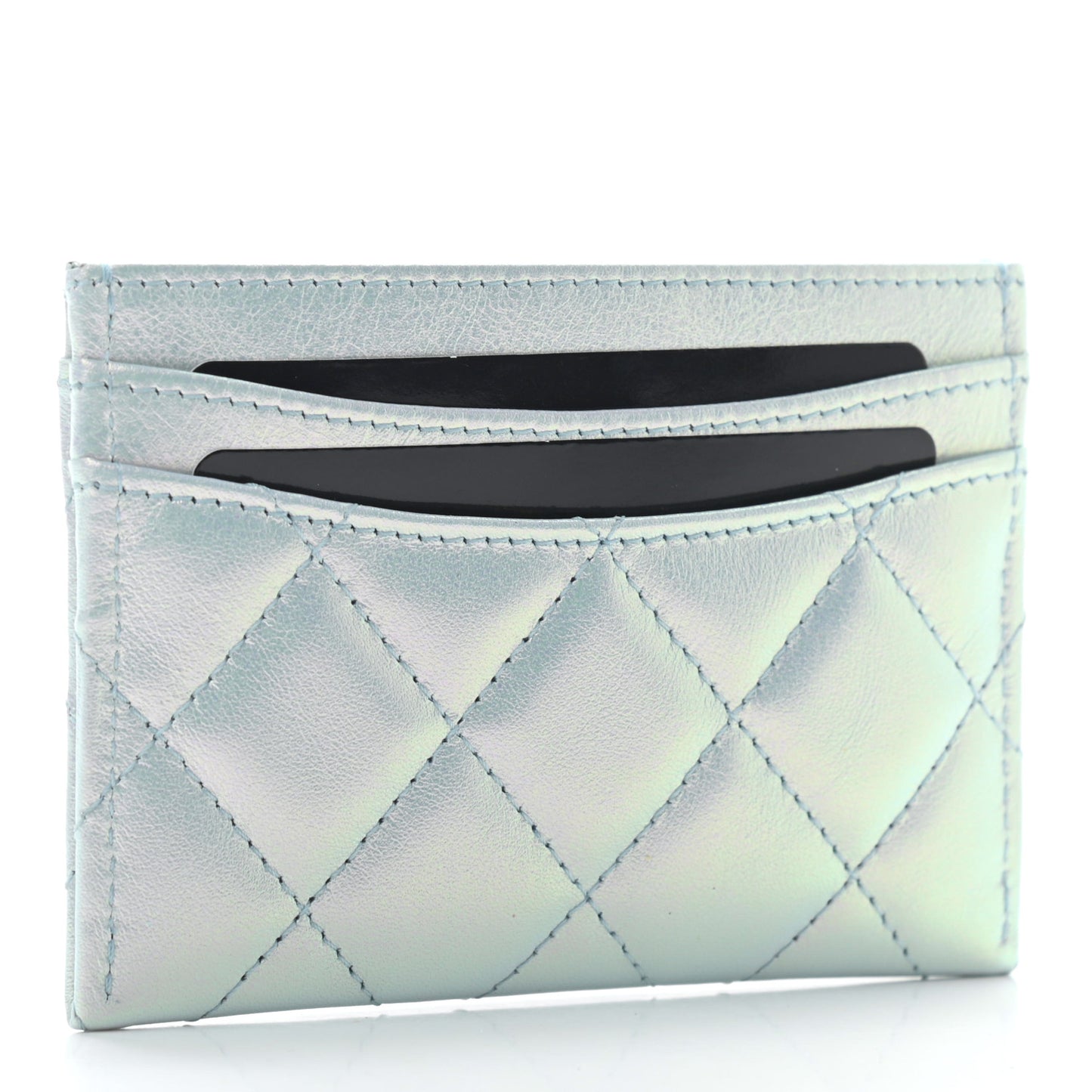 Iridescent Calfskin Quilted Card Holder Light Blue
