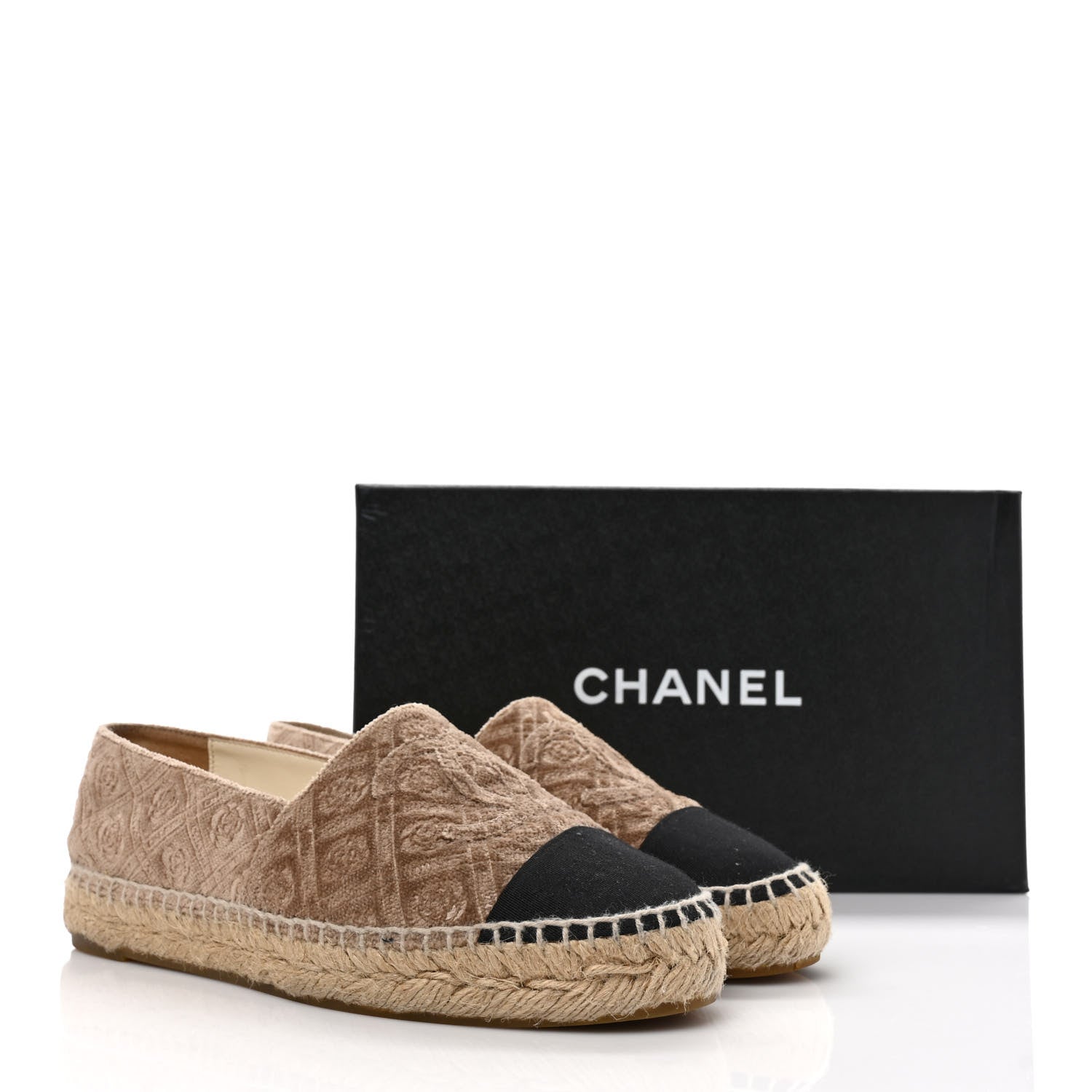 Chanel Velvet Grosgrain Quilted Camellia CC Espadrilles 36 Beige Black 9 of 9