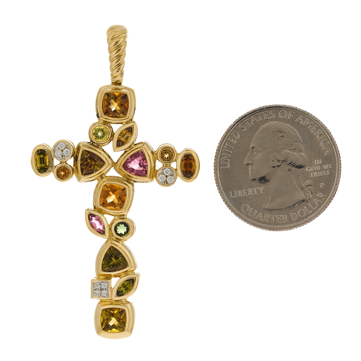 18K Yellow Gold Diamond Tourmaline Mosaic Cross Pendant