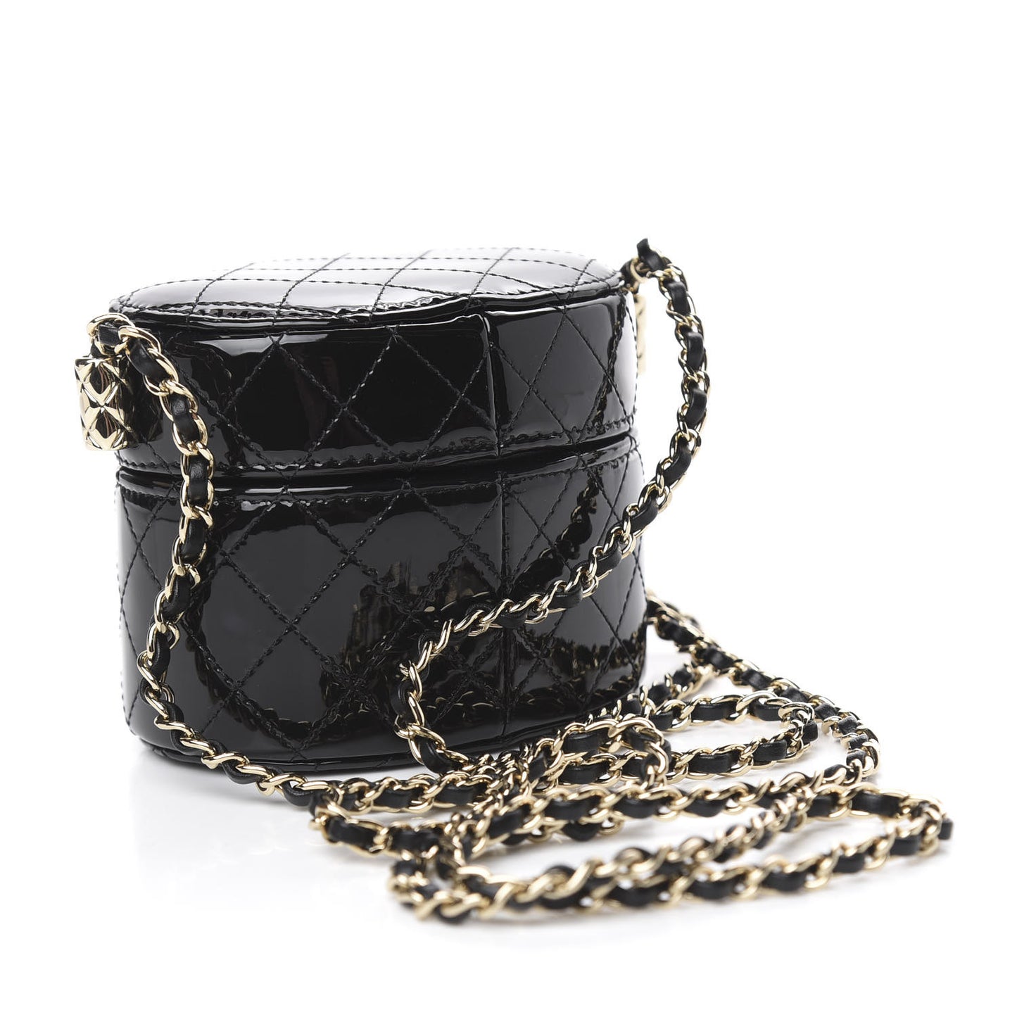 Patent Quilted Round Small Vanity With Chain Black