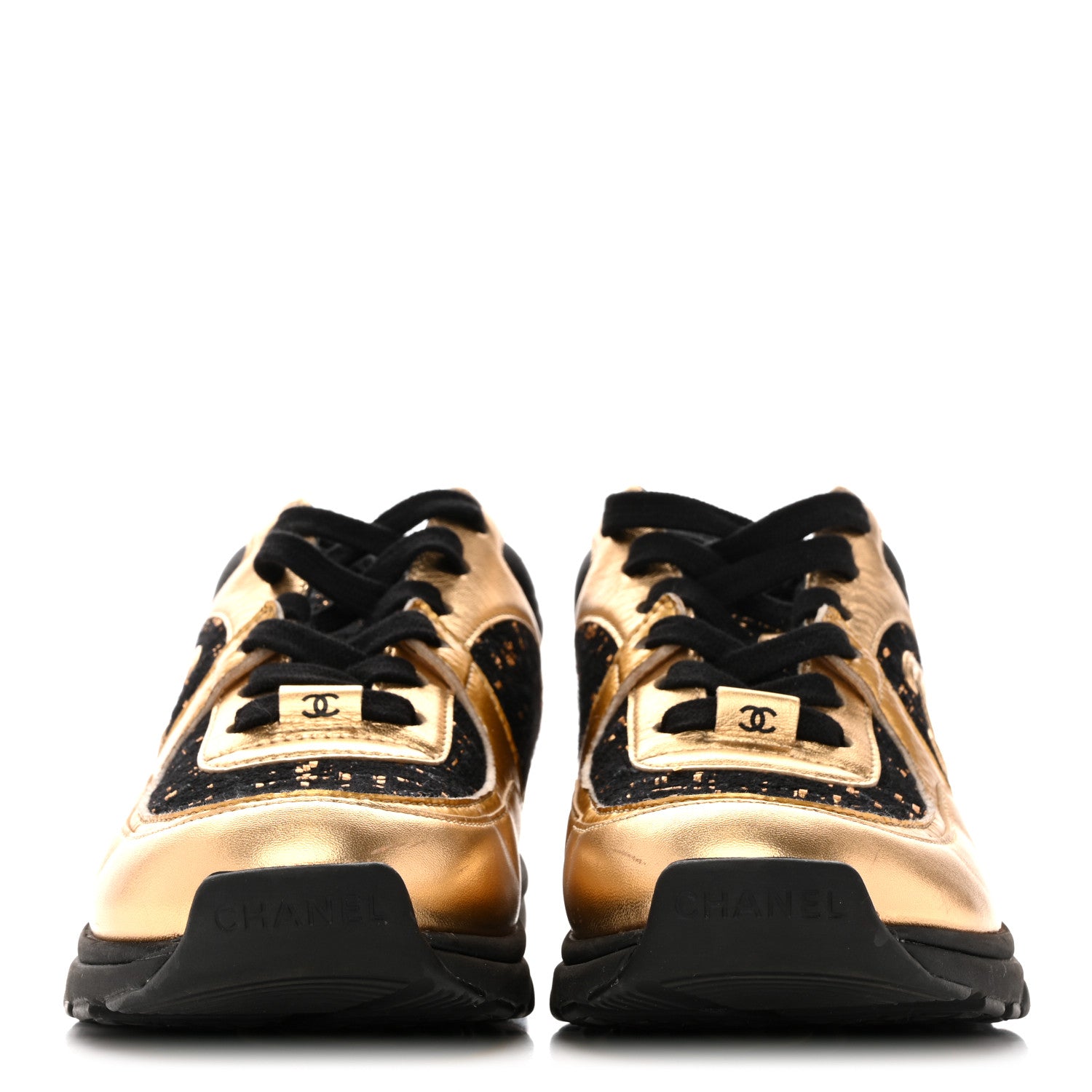 Chanel Satin Lambskin Fabric Tweed CC Sneakers 36.5 Gold Black