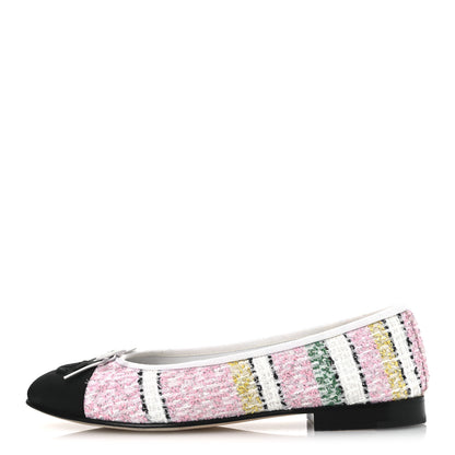 Chanel Tweed Grosgrain Cap Toe Ballerina Flats 38 White Pink Black 1 of 11