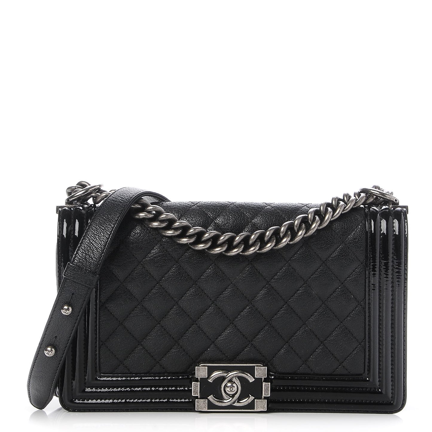 Goatskin Quilted Patent Medium Duo Boy Flap Black