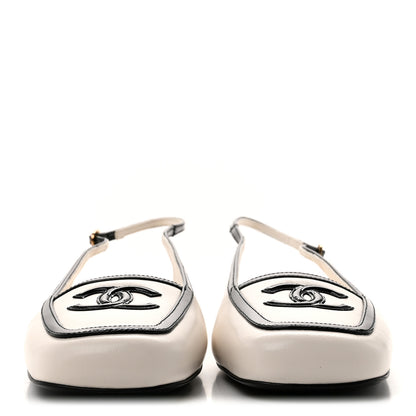 Chanel Lambskin Patent Calfskin Cap Toe CC Slingback Pumps 39 Ivory Black 2 of 9