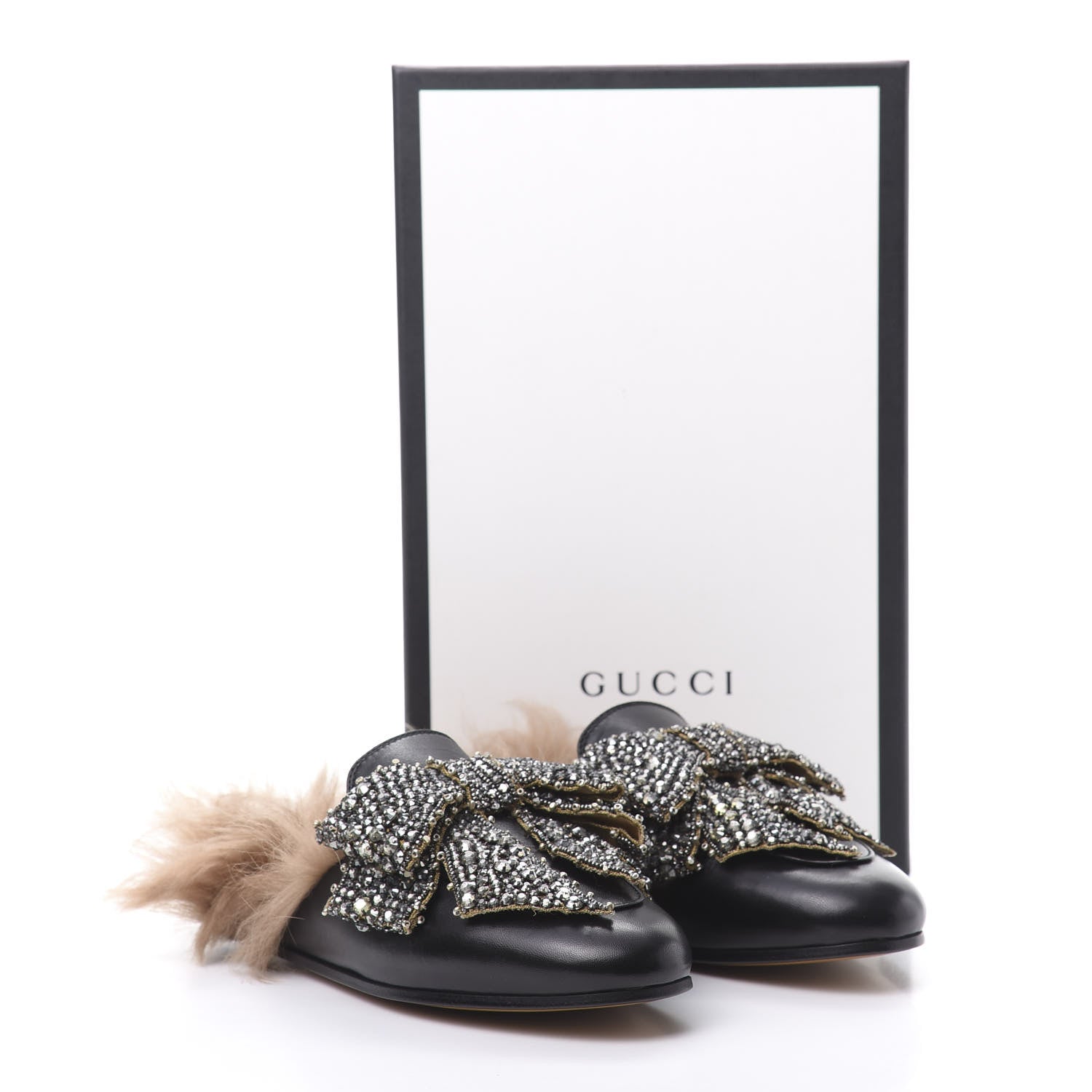 Gucci Malaga Kid Fur Crystal Bow Embroidered Womens Princetown Slippers 35.5 Black 11 of 11