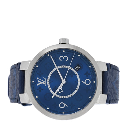Louis Vuitton Stainless Steel Monogram 38mm Tambour Slim Quartz Watch Blue 2 of 4