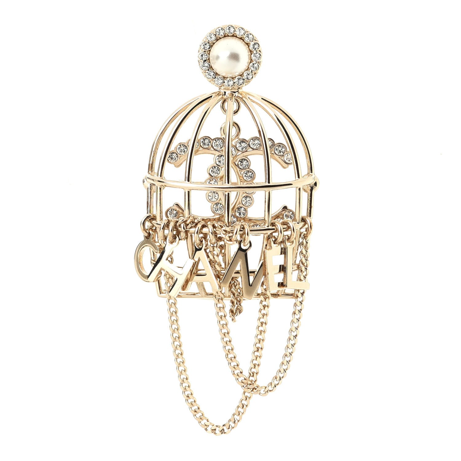 Chanel Pearl Crystal Birdcage Pin Brooch Light Gold 1 of 3