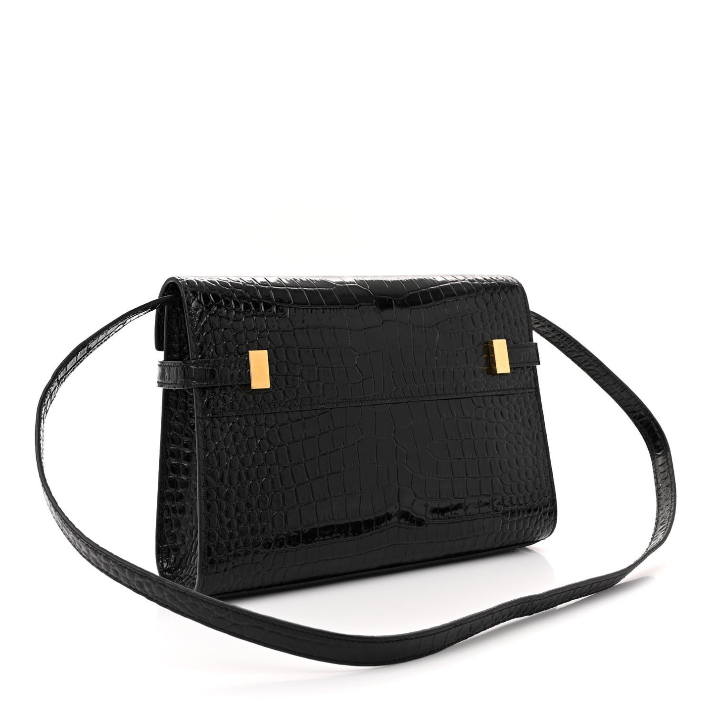 Shiny Calfskin Crocodile Embossed Small Manhattan Baguette Black