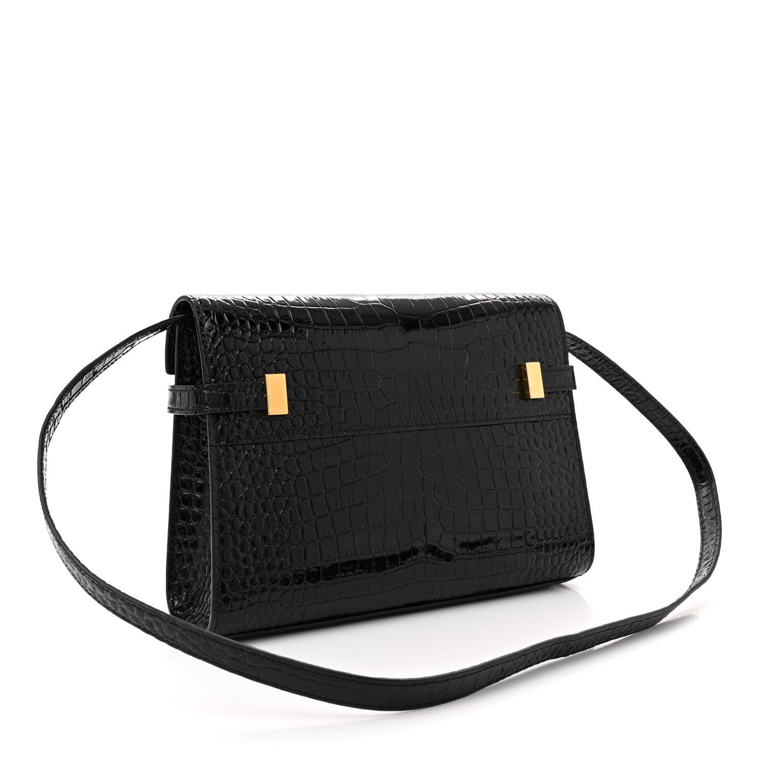 Saint Laurent Shiny Calfskin Crocodile Embossed Small Manhattan Baguette Black 3 of 11