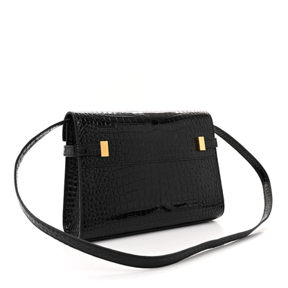 Saint Laurent Shiny Calfskin Crocodile Embossed Small Manhattan Baguette Black 3 of 11