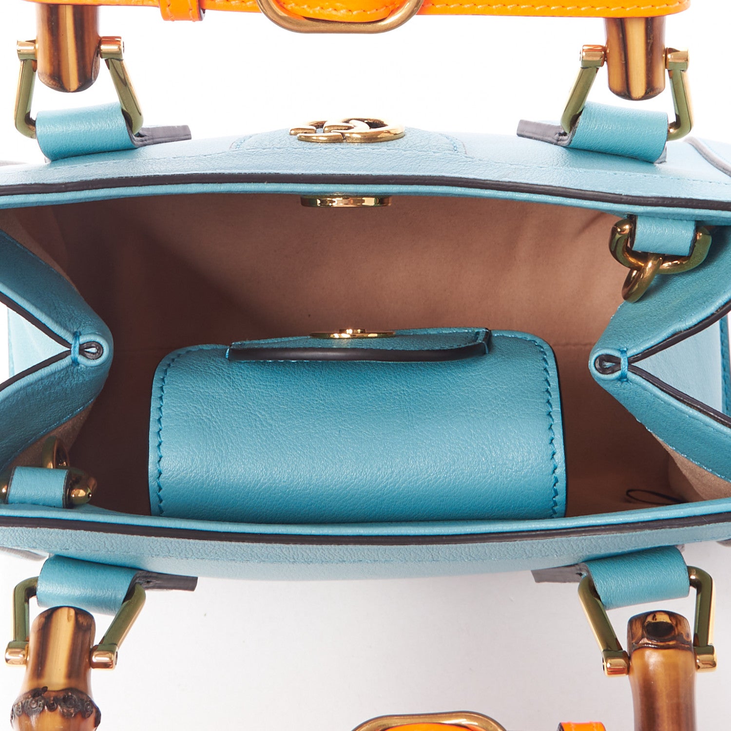 Gucci Wonka Grain Calfskin Mini Diana Tote Bag Dusty Azure Orange Fluo 7 of 9