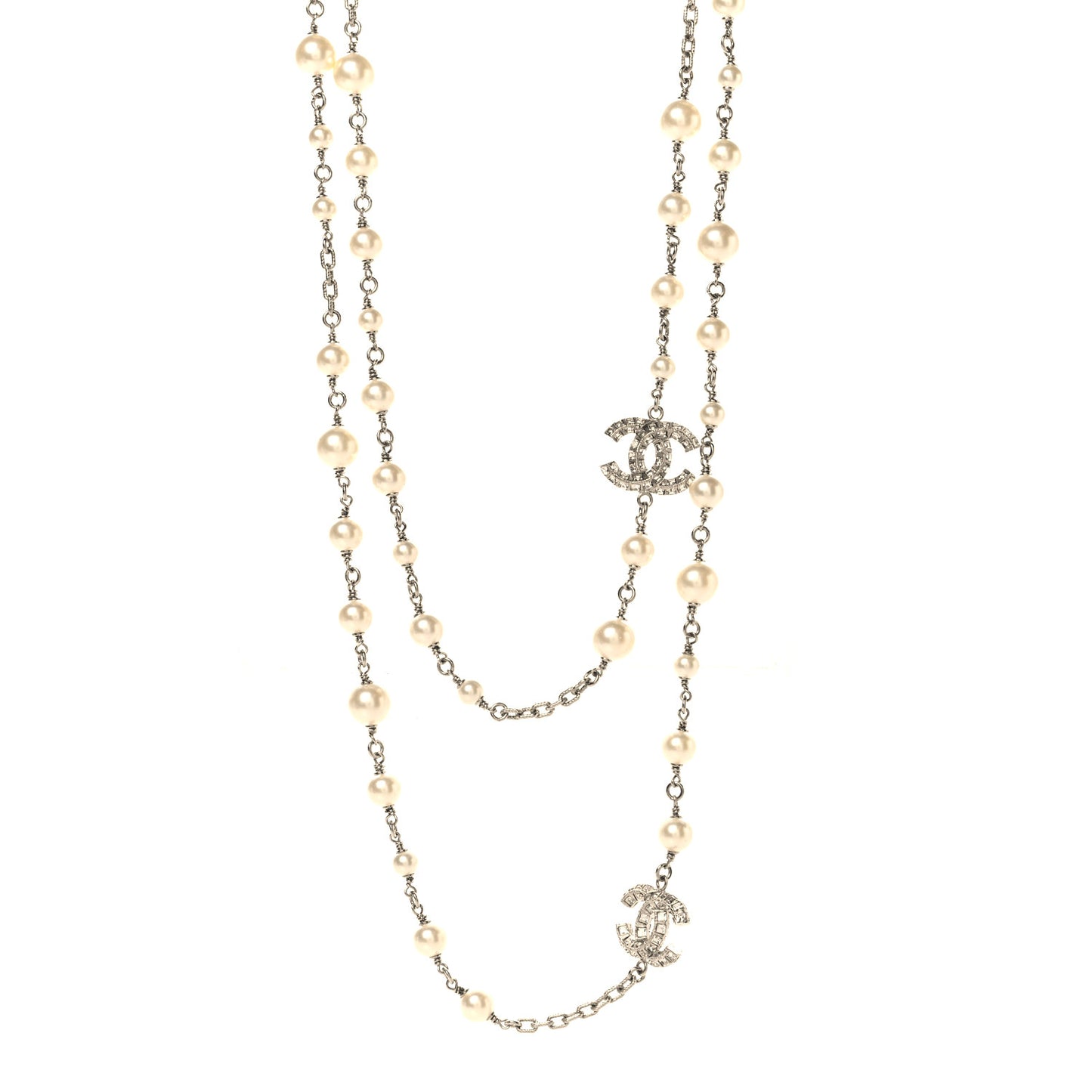 Crystal Pearl CC Long Necklace Silver