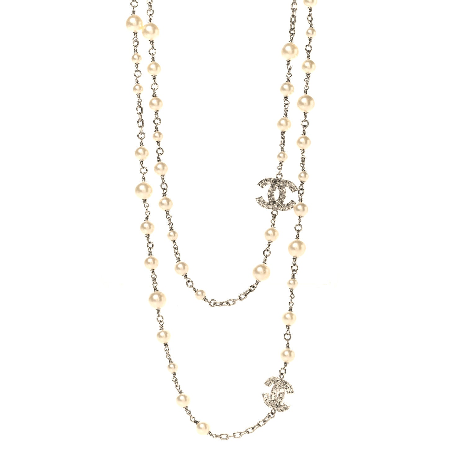 Chanel Crystal Pearl CC Long Necklace Silver 1 of 4