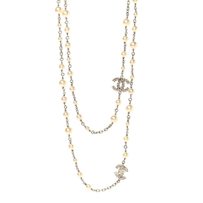 Chanel Crystal Pearl CC Long Necklace Silver 1 of 4
