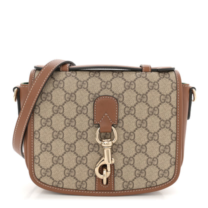Gucci GG Supreme Monogram Textured Calfskin Emblem Mini Shoulder Bag Beige Dark Brown 1 of 10