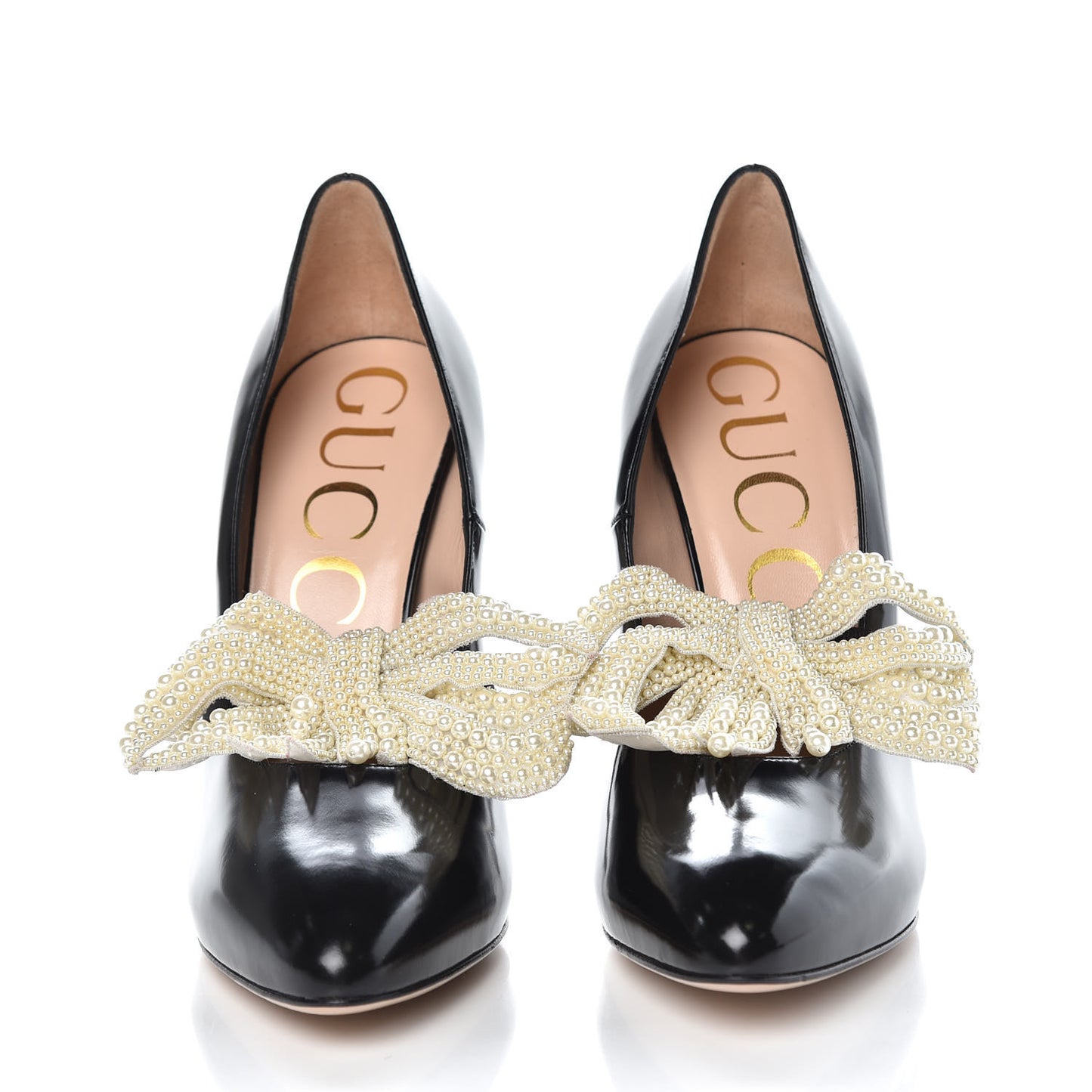 Polished Calfskin Removable Pearly Bow Elaisa Platform High Heel Pumps 39 Black