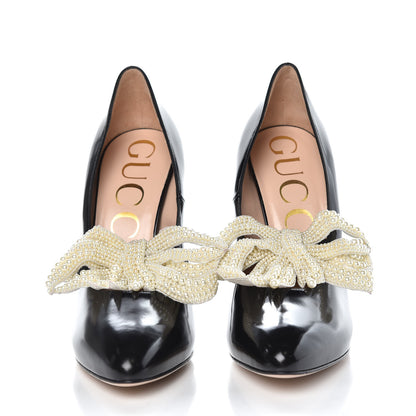 Gucci Polished Calfskin Removable Pearly Bow Elaisa Platform High Heel Pumps 39 Black 2 of 11