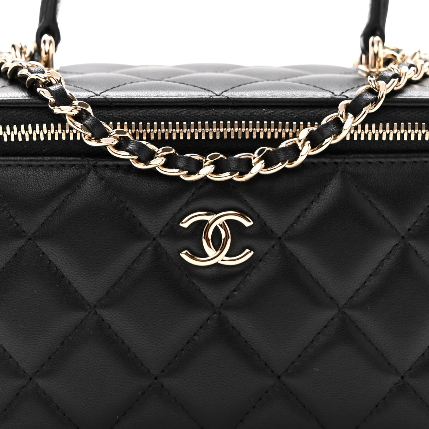 Lambskin Quilted Small Top Handle Vanity Case With Chain Black