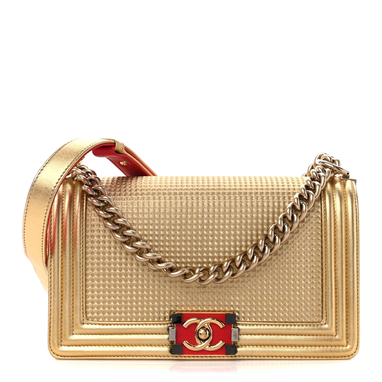 Metallic Lambskin Embossed Medium Cube Boy Flap Gold