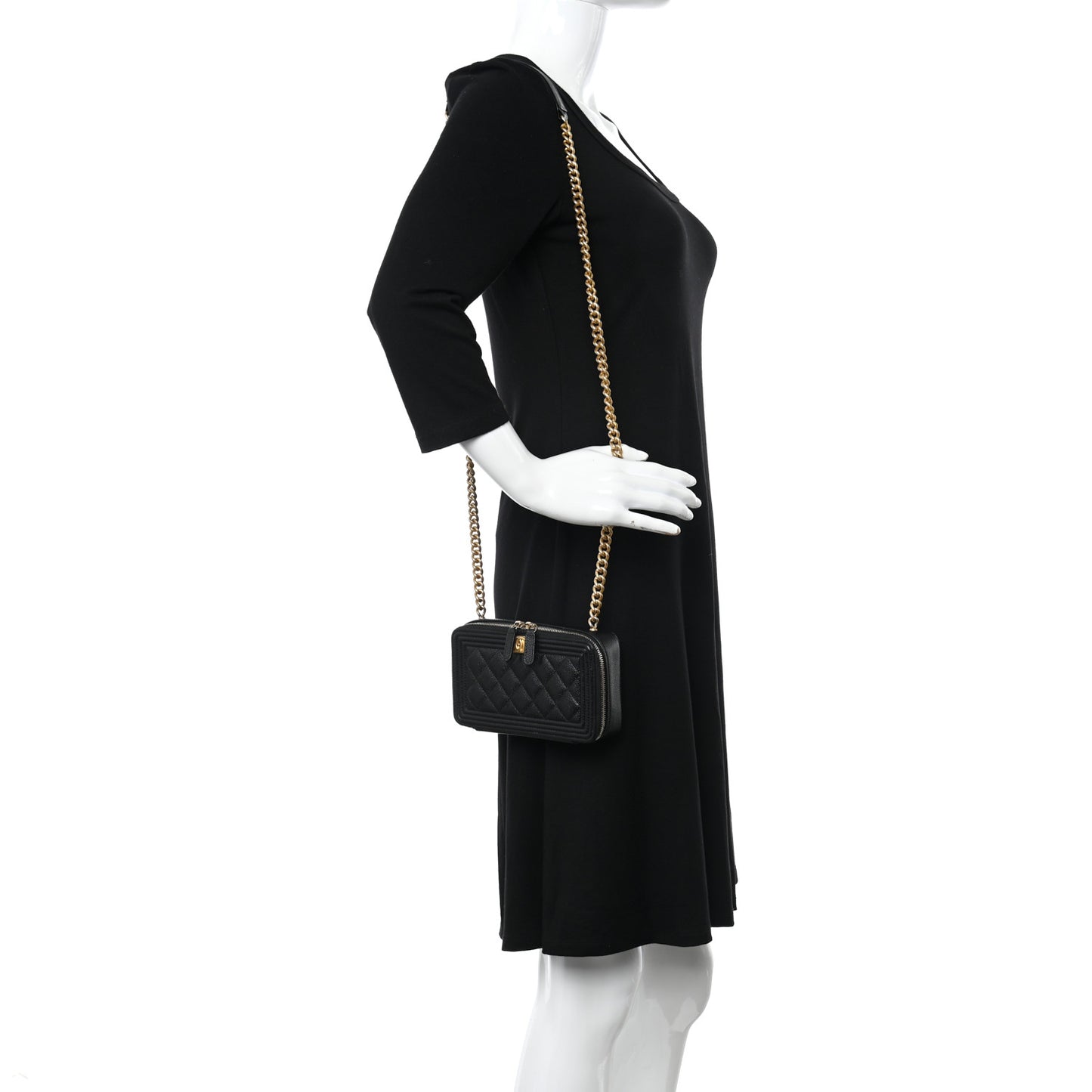 Caviar Quilted Boy Zip Phone Holder With Chain Black